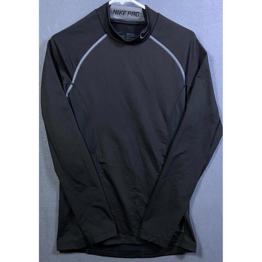 Nike Pro Men Long Sleeve Shirt Adult Small Fitted Running Black Grey Swoosh Logo